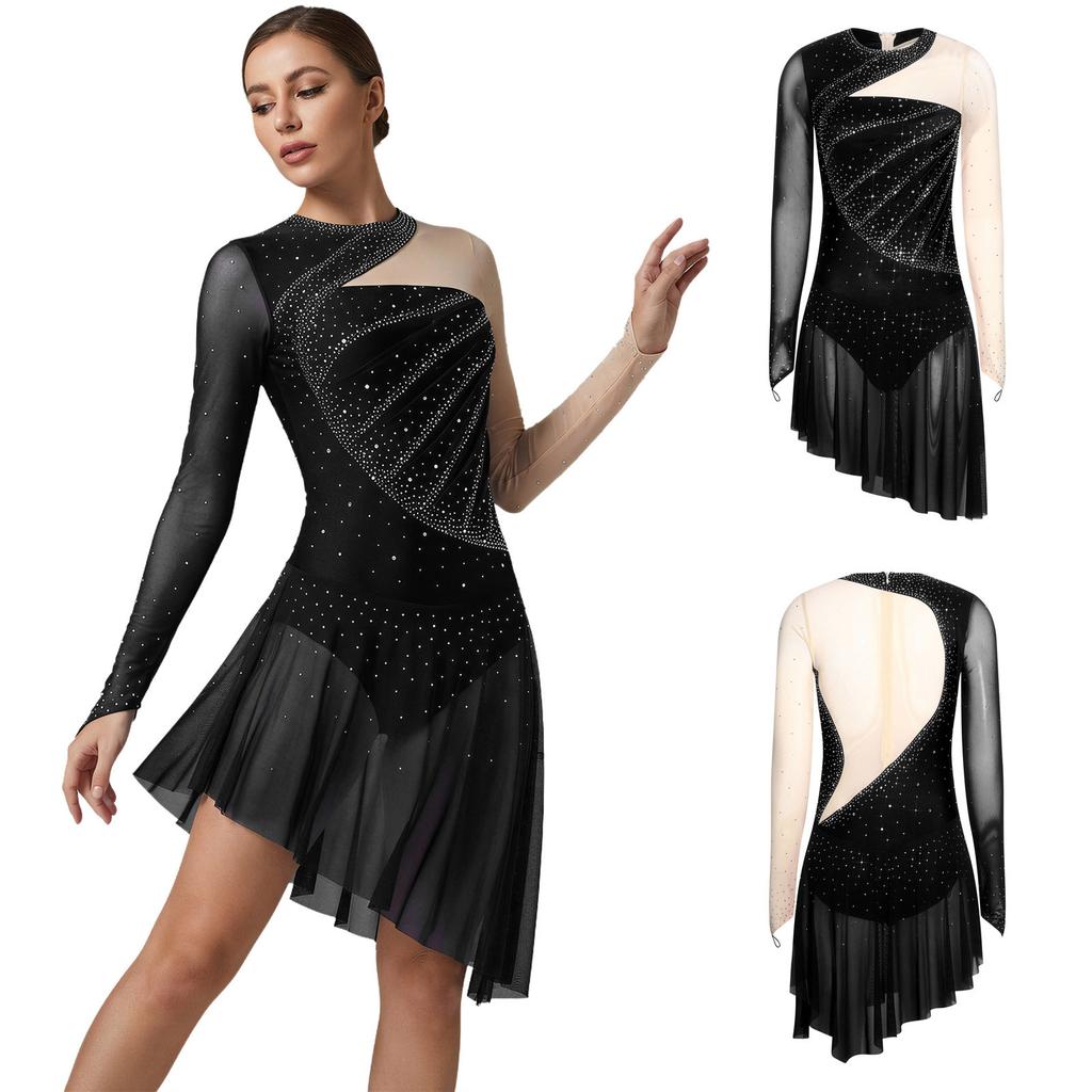 Women's Gymnastics Figure Skating Bodysuit S-XXL: Rhinestone Color Block Mesh Long Sleeve Chest Pleats Jumpsuit with Buttoned Crotch