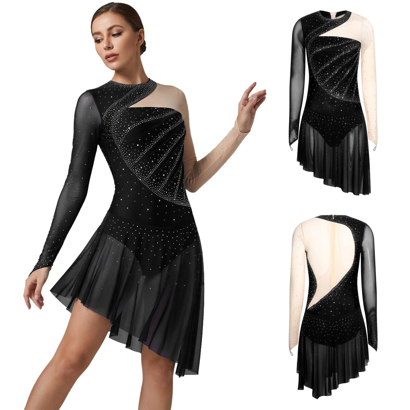 

Womens Gymnastics Bodysuit Rhinestone Color Blocking Mesh Long Sleeve Chest Pleats Irregular Hem Buttoned Crotch Jumpsuit Dancewear for Figure Skating S чорний