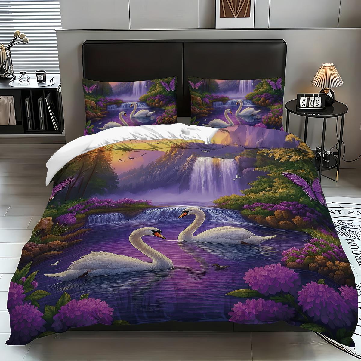 

Bedding Three-Piece Swan 3D Digital Printing Bed Kit Polyester Quilt Cover Pillowcase Home Textile 135x200cm