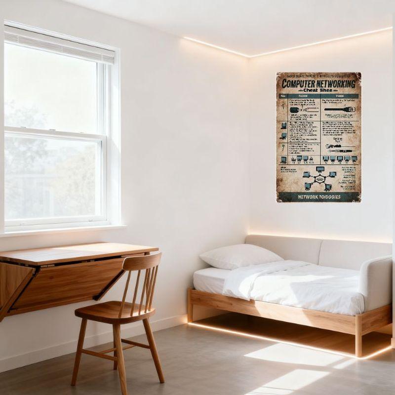 Vintage Computer Networking Cheat Sheet Metal Tin Sign - Network Topologies/Connectors/Fiber Optic Reference Poster for Man Cave