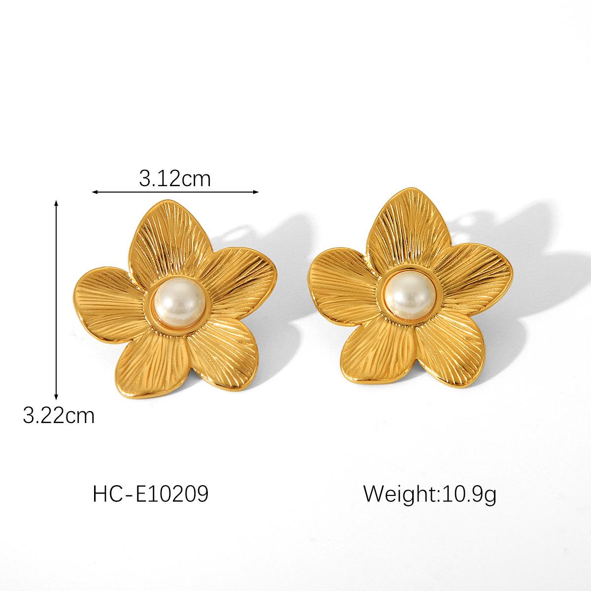 French Style 18K Gold Stainless Steel Flower Studs, Fashionable Retro Elegant Pearl Earrings for Women
