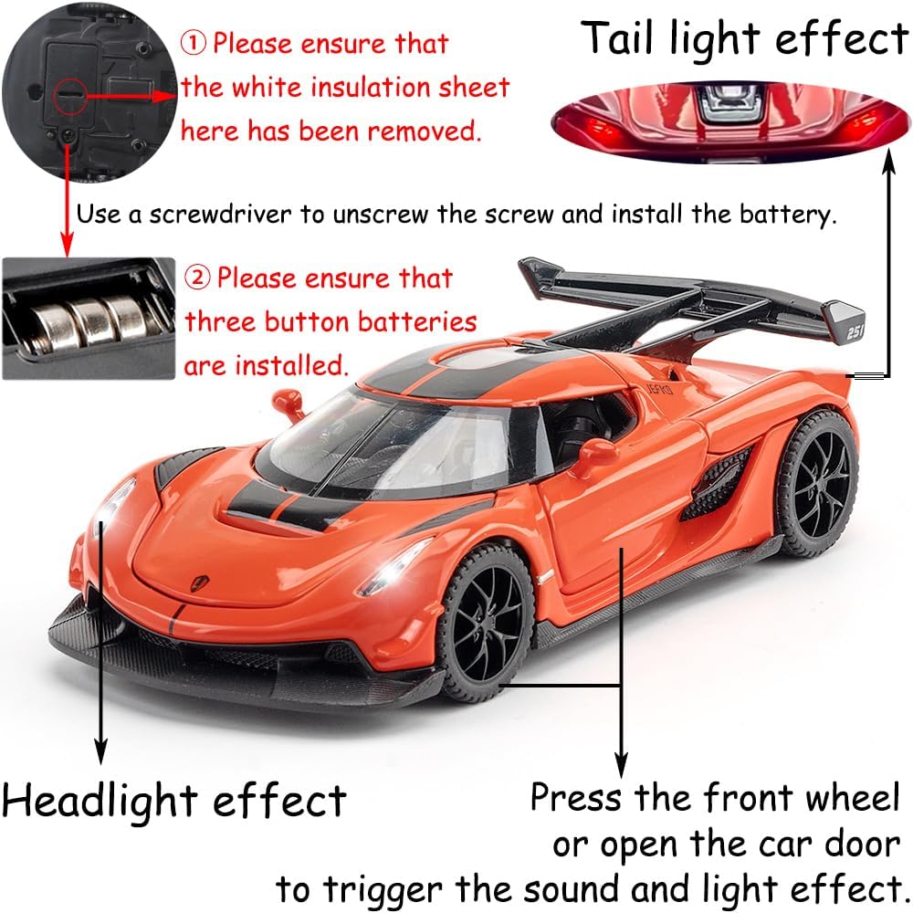 1/32 Koenigsegg Jesko Toy Cars Model Orange Alloy Collectibles Die-cast Vehicles with Sound and Light
