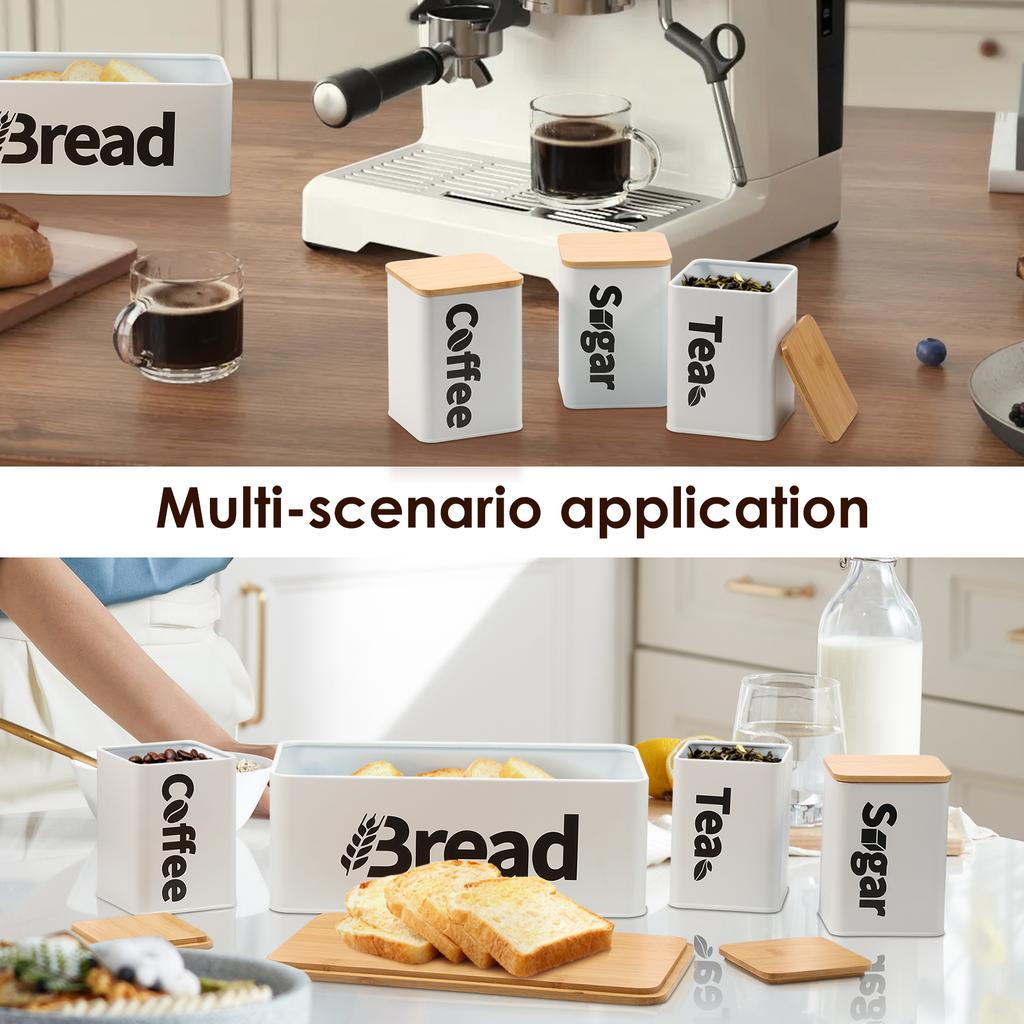 3/4Pcs Bread Bin Tea Coffee Sugar Canisters Set Iron Bread Box Tea Coffee Canisters with Bamboo Lids for Kitchen Bakery and Home