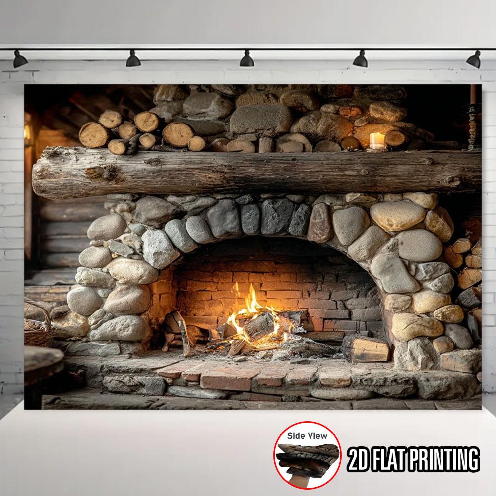 1Pcs Realistic Stone Fireplace Burning Decoration Background Winter Backdrop For Photo Studio Photo Booth Party