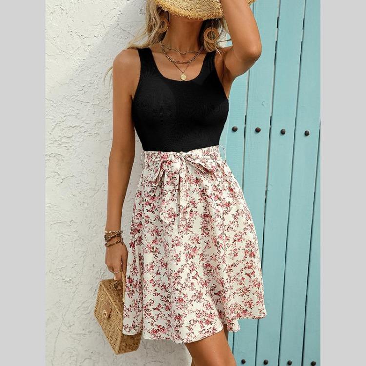 Summer Women Casual Sleeveless Floral Printed Bandage A Line Above Knee Dress