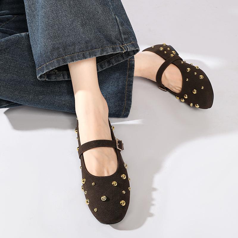 Round Toe Rivet Mary Janes Shoes Women Spring Autumn Buckle Strap Ballet Flats Shoes Female Elegant Daily Loafers Footwear