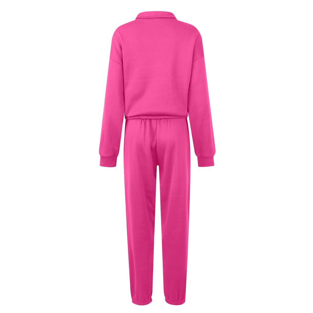 Women's Solid Color Fashion Long Sleeve Zipper Pocket Top Loose Casual Wide Leg Pants Suit