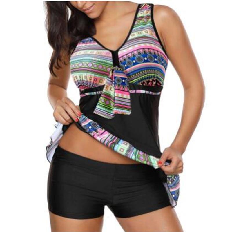 Elegant Womens Fashion Plus Size V Neck Skirted Print Front Tankini Swimsuit