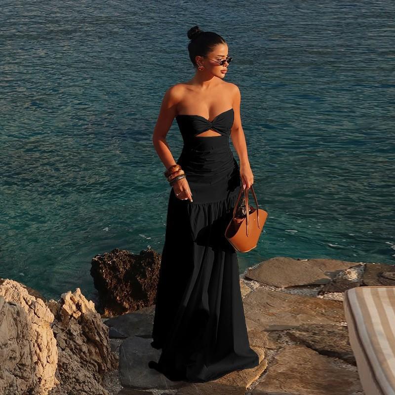 

New Female Style Hot Girl Beach Fake Tube Top Hollow Solid Color Dress M чёрный