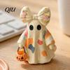 Desktop Soft Decoration Items Halloween Bow Ghost Figurine Tabletop Ornament, Cute Resin Statue with Jack O Lantern Ornaments Pumpkin Basket,