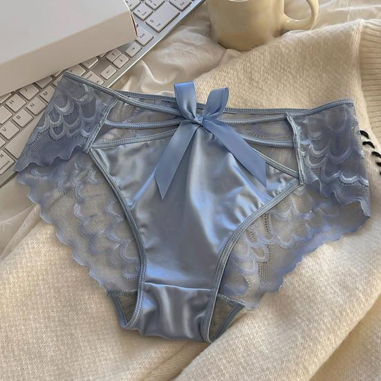 Women Sexy Lace Satin Panties Mid Waist Silky Underwear with Bow Lady Seamless Briefs Invisible Bikini Underwear