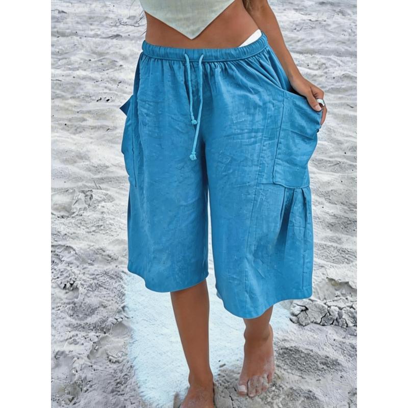 Summer Women's Linen Blend Drawstring Elastic Waist Wide Leg Knee Length Casual Shorts with Pockets
