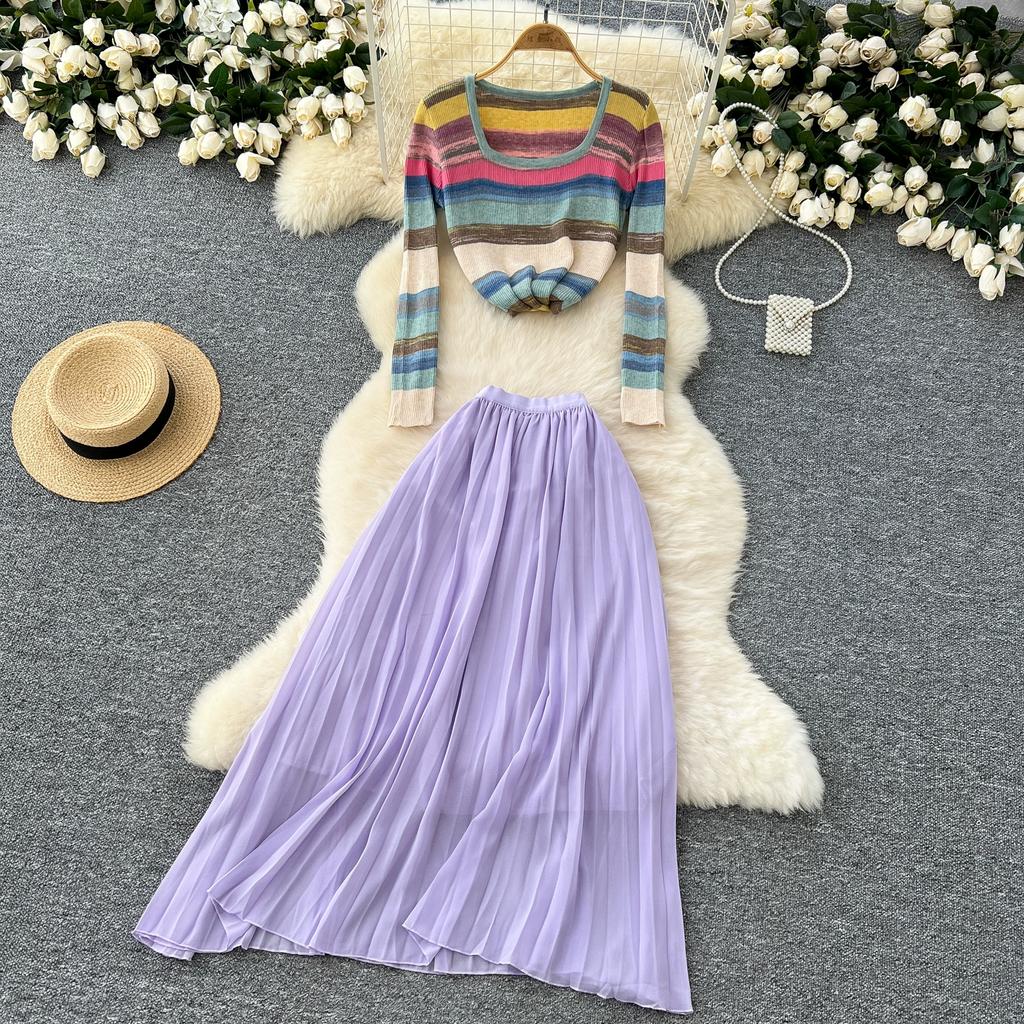 Spring Autumn Women Vintage Rainbow Striped Knitted Sweater Pullover Tops and Long Midi Pleated Skirt Two Piece Set