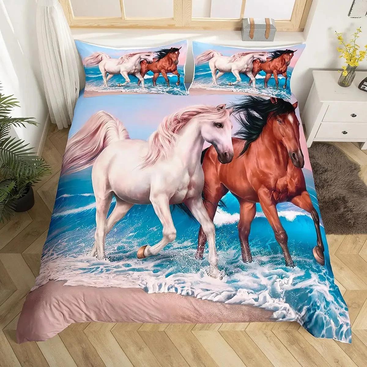 

Galloping Horse Duvet Cover Set Western Cowboy Farm Animal Bedding Set,Bamboo Mountain Ink Painting Firforest Folk Style Bed Set 70x133cm