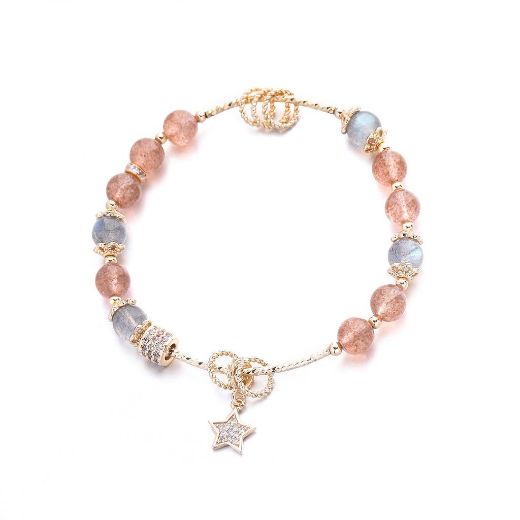 Qiaoen Women's Strawberry Crystal & Gray Moonstone Labradorite Beaded Bracelet