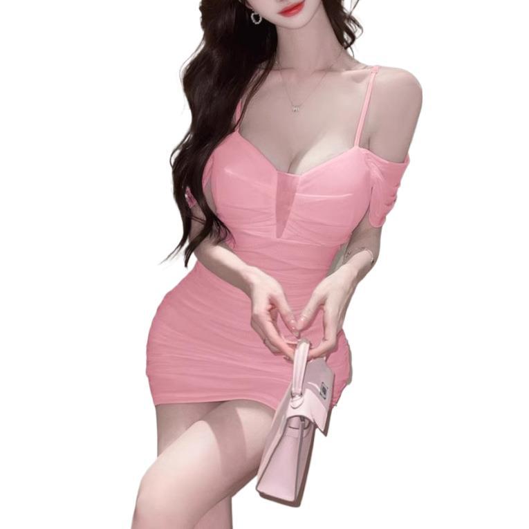 French pure desire sexy mesh off-the-shoulder suspender dress design sense tight waist and thin temperament hip-wrapped short skirt