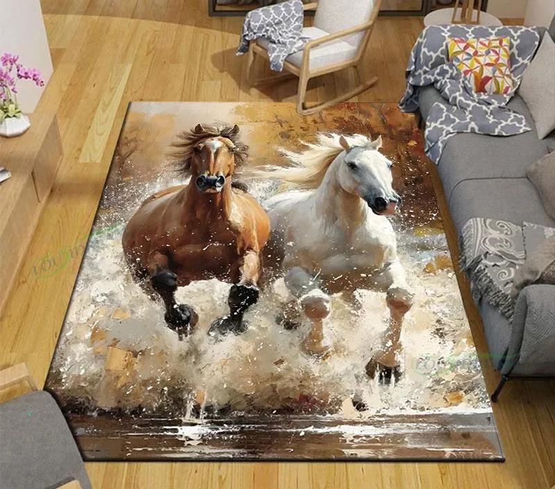 3D Fashion Exquisite Painted Galloping Horse Design Anti-Slip Area Rug for Living Room Kids' Bedroom Mat Large Decorative Carpet