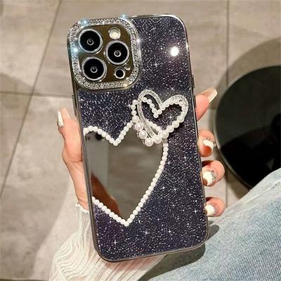Luxus Mode galvanisierte Diamant Liebe Herz Spiegel Handytasche für iPhone 15 14 13 12 Pro Max stoßfeste Abdeckung