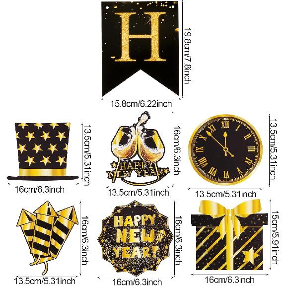 Yookat Black Gold Happy New Year Banner and New Years Hanging Swirls 2026 Happy New Years Eve Party Decorations Supplies