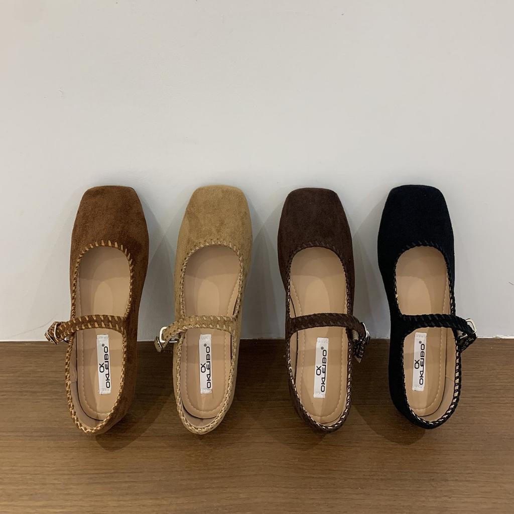 French Suede Ballet Flats Women's 2025 Spring and Autumn New Retro Square Head Casual Flat Mary Jane Single Shoes