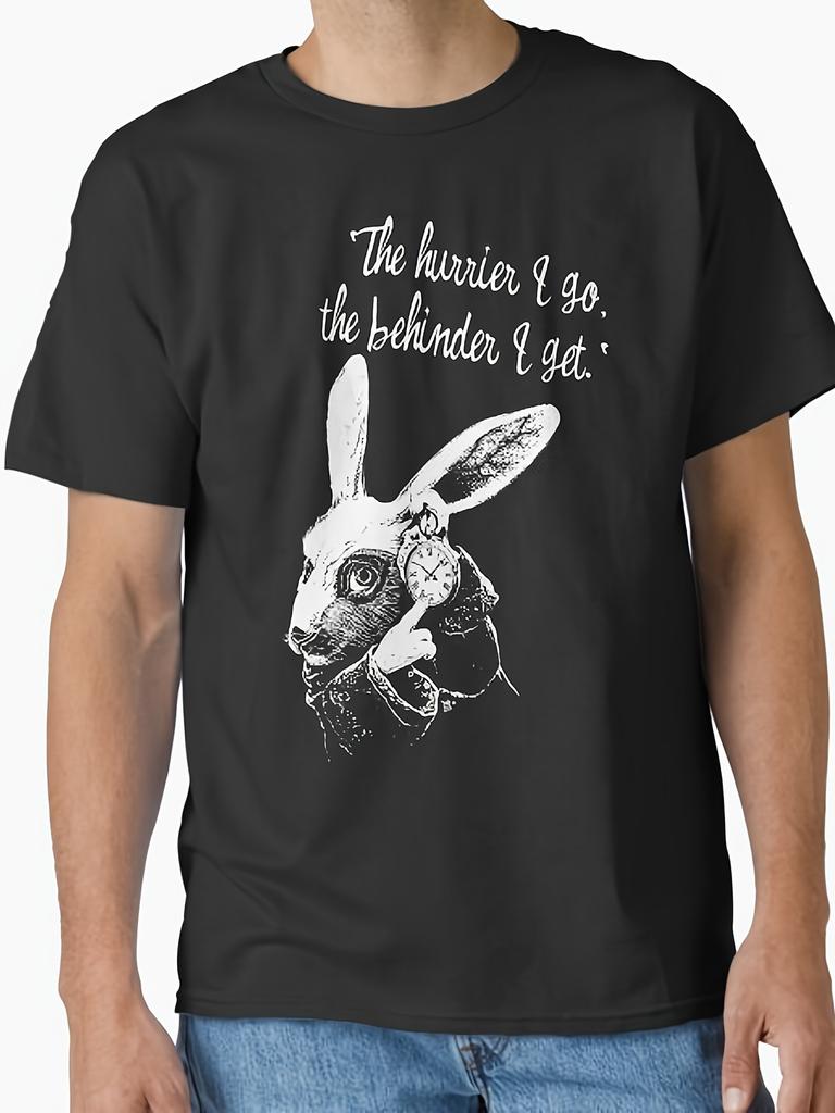 White Rabbit In Wonderland Sandarmi Artwork Casual Printed Unisex T-shirt Pure Crew Neck Regular Fit