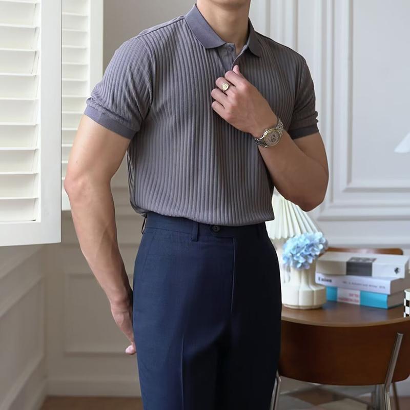 Polo a Maglia a Righe Verticali da Uomo Estate Nuove Slim Monocolore Traspiranti Colletto a Revers Business Manica Corta Polo Top