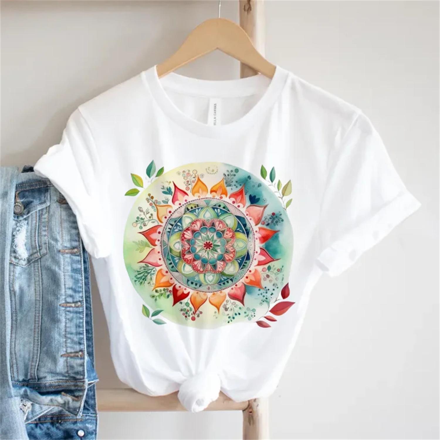 Basic Summer Women s T-Shirt Street Top Plant Flower Printed Pattern Short Sleeve Fashion Cartoon Women s Cute Fun Clothing XXXXXL белый