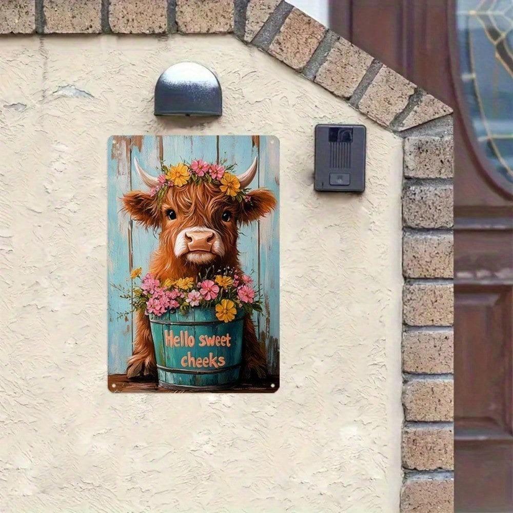 Hochlandkuh Blechschild, Rustikales Bauernhaus Wandkunst, 20x30 cm Metallschild mit Blumenmuster für Heimdekoration