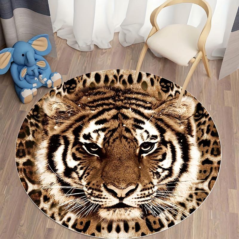 1pc Realistic Tiger Print Round Mat - 100% Polyester Non-Slip Floor Mats, Suitable for Living Room, Bedroom, Office Decor