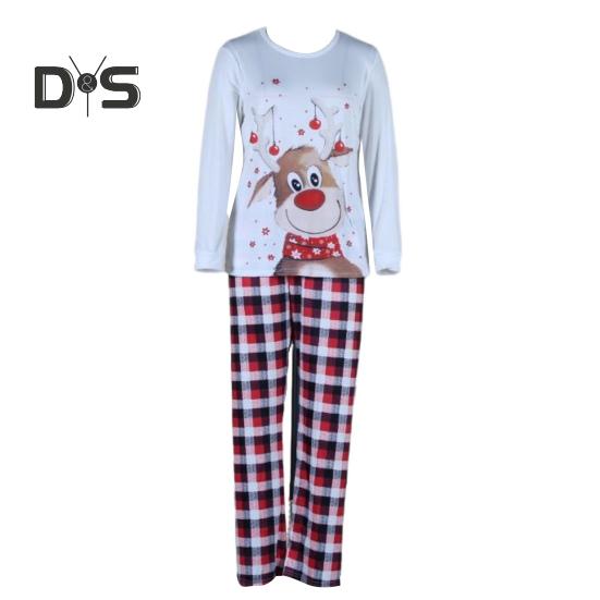 Parent-child Pajamas Elk Printing O Neck Long Sleeve Family Christmas Pajama Matching Set Children Sleepwear Top Plaid Pants Pet Coat Sleepwear