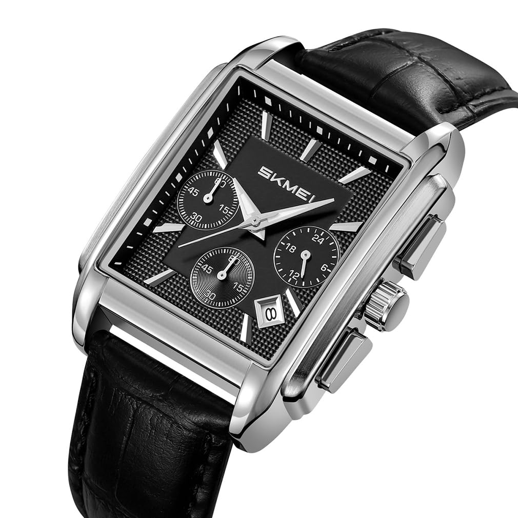 Skmei Square Watch Black Leather Strap Stylish Arm Watch Chronograph Waterproof Brand Analog Business Casual Watch Luxury Gift Silver Black Watch for