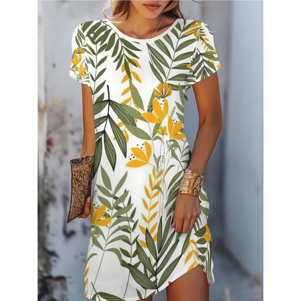 Blumen Retro Muster Damen Minikleider Sommer Kurzarm Bedruckt Große Größen Lässig Bequem Weiches Kleid