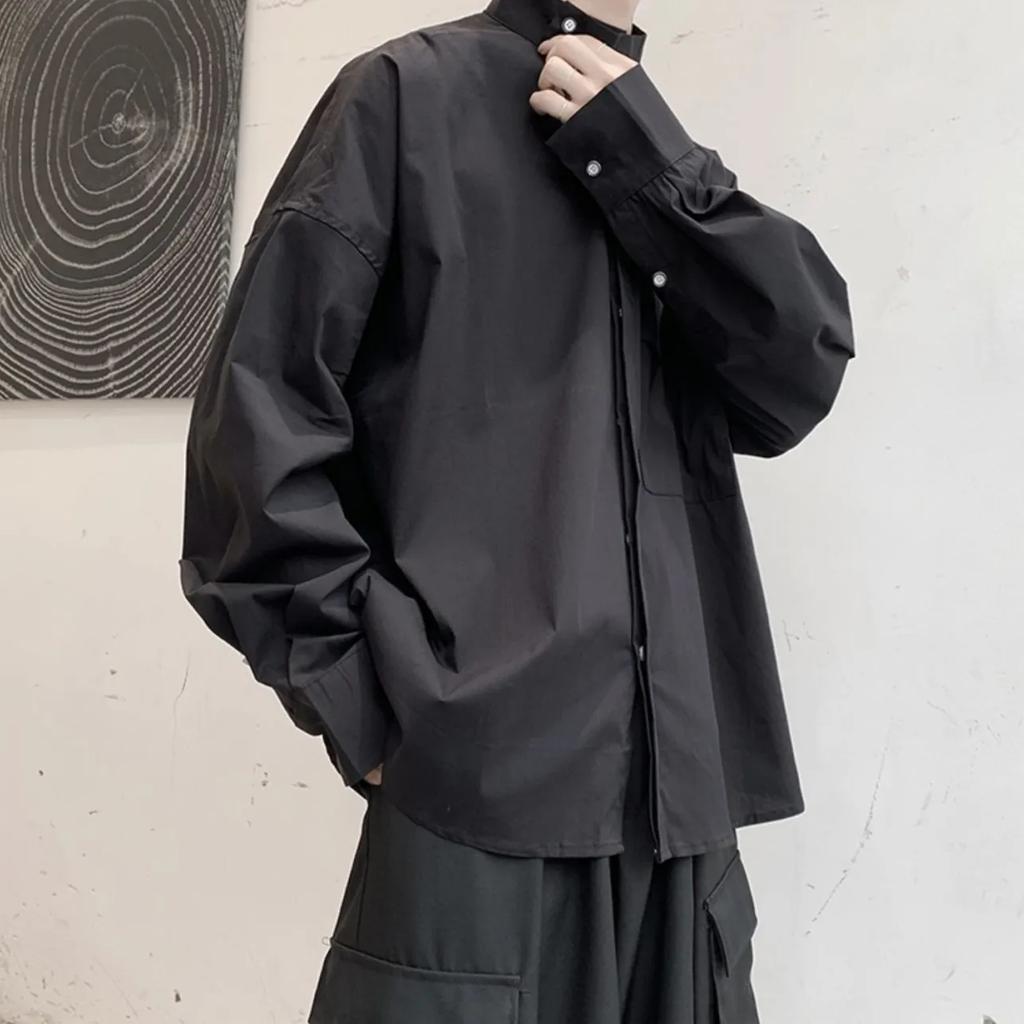 Men's Spring/Fall Solid-Color Stand-Collar Shirt Loose-Fit Buttoned Pocket Long-Sleeve Shirt