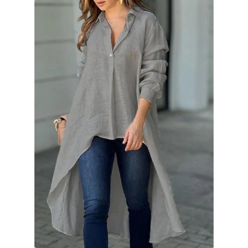 Camisa Casual de Color Sólido para Mujer, Manga Larga, Holgada, Cuello Solapa