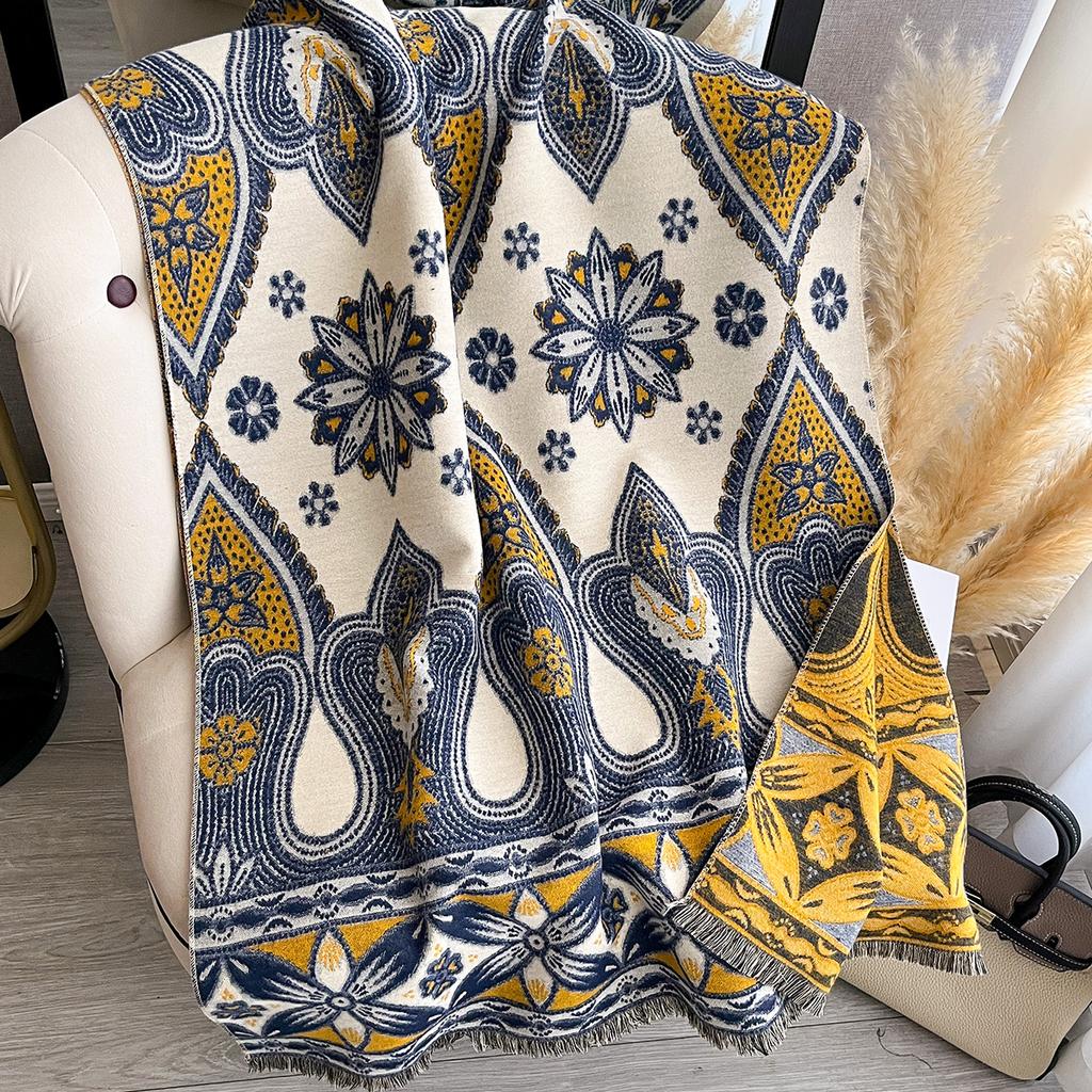 Women Two Sided Flower Print New Scarf Imitation Cashmere Soft Warm Pashmina Shawl Autumn Winter Coldproof Windproof Blanket