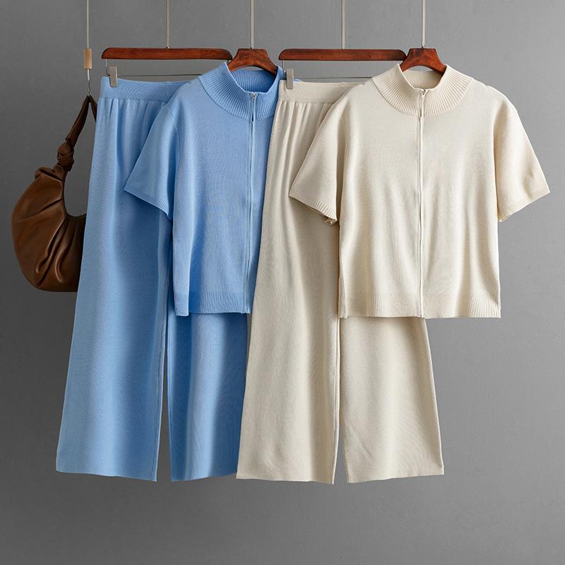 Fashionable Semi-high Neck Solid Color Short-sleeved Zipper Set, Wide-leg Pants Two-piece Set for Women
