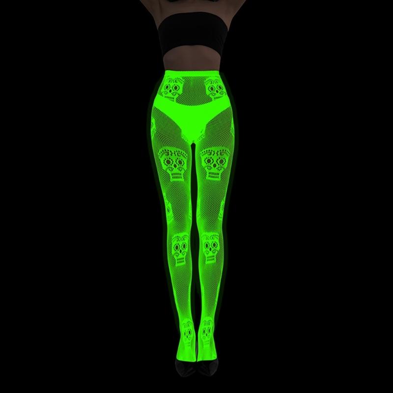 Women Glow in Dark Halloween Fishnet Pantyhose Luminously Spiderweb Skull Pattern Mesh Tights Stockings Party Hosiery