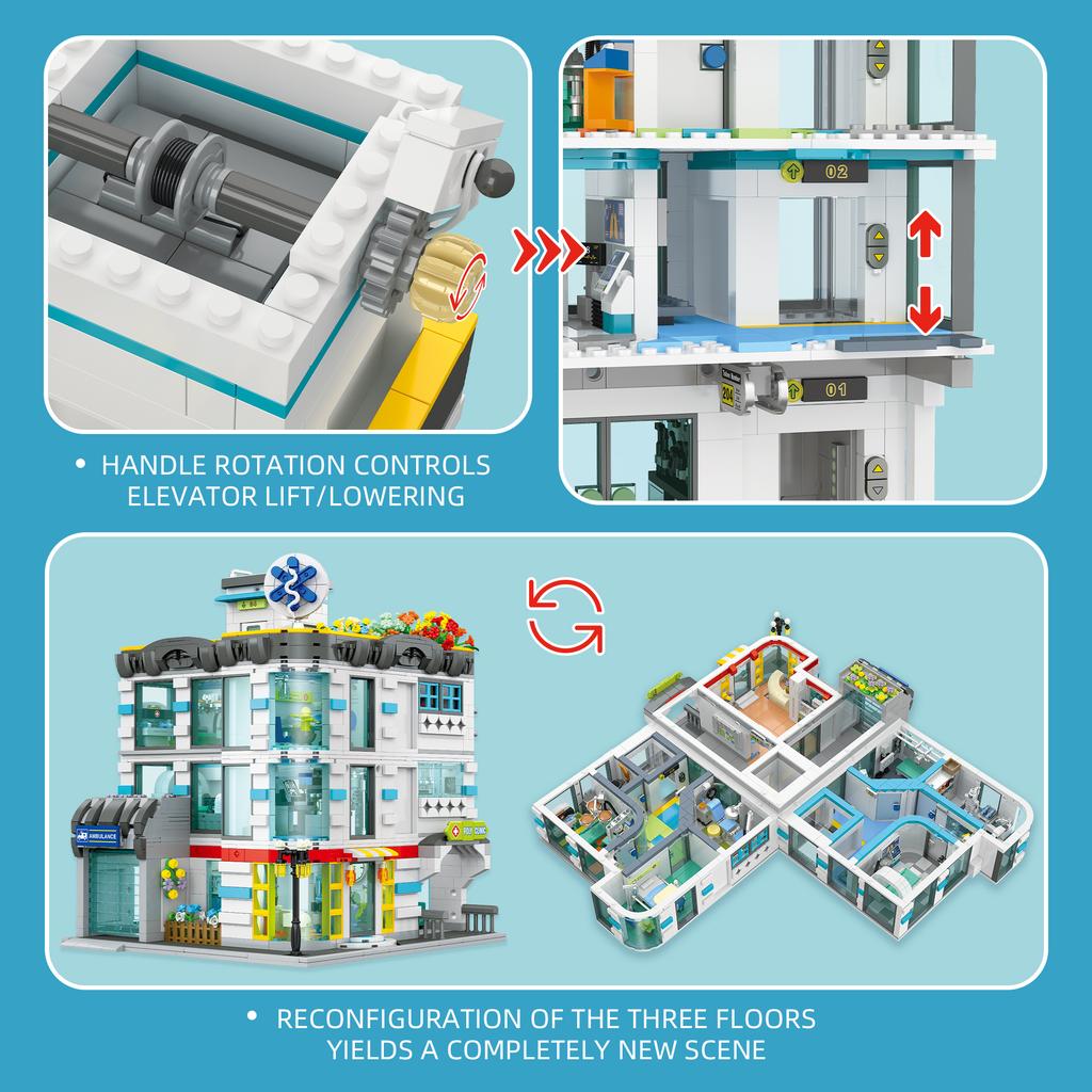 2866Pcs City Large Hospital Building Street Scene Building Blocks Set With Lights Desktop Ornament Assembly Toy Birthday Gift