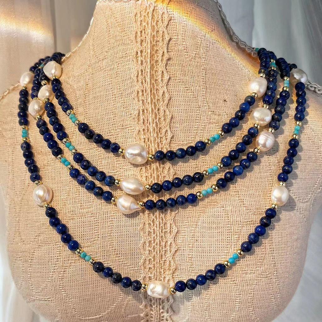 Natural Lapis Lazuli Stone Baroque Freshwater Pearl Colored Collarbone Chain French Gypsy Necklace Women'S Retro Premium