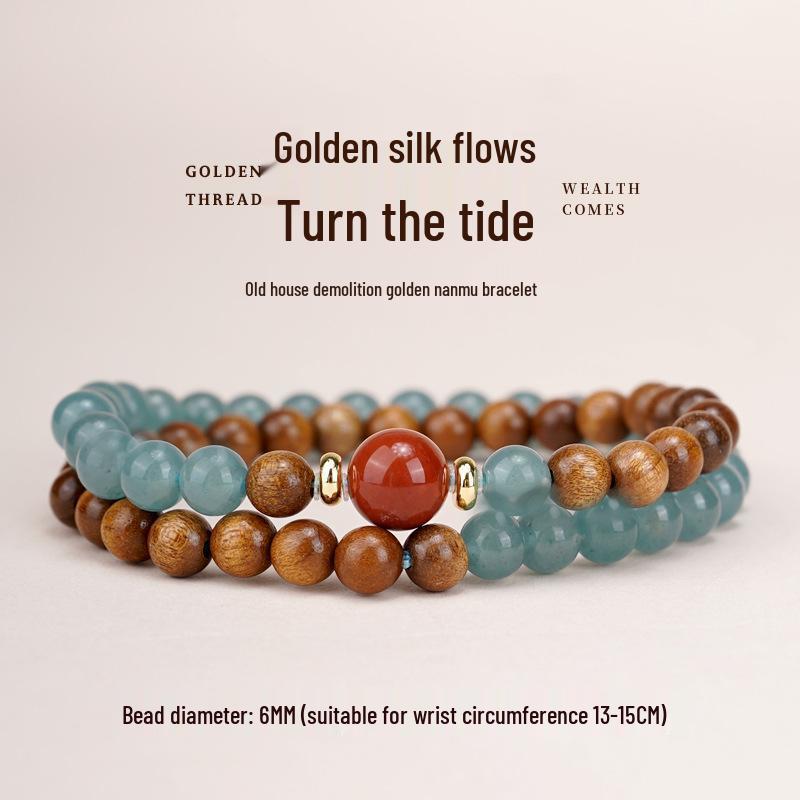 

Золотой шелковый браслет из нанму с двойным кольцом, с кварцитовым нефритом и деревянными буддийскими бусинами для женщин, ретро-стиль Fits wrist 14-15cm