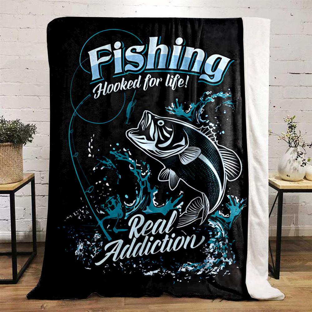Fishing Design with Bass and "Real Addiction" Text, Flannel blanket for bedroom, living room, sofa, and nap sofas.