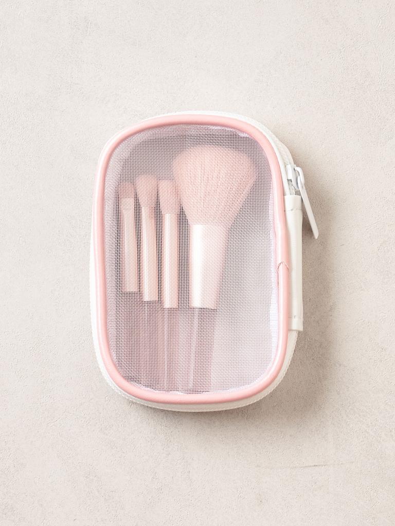 Mesh Pouch & Makeup Brush 4-Piece Set