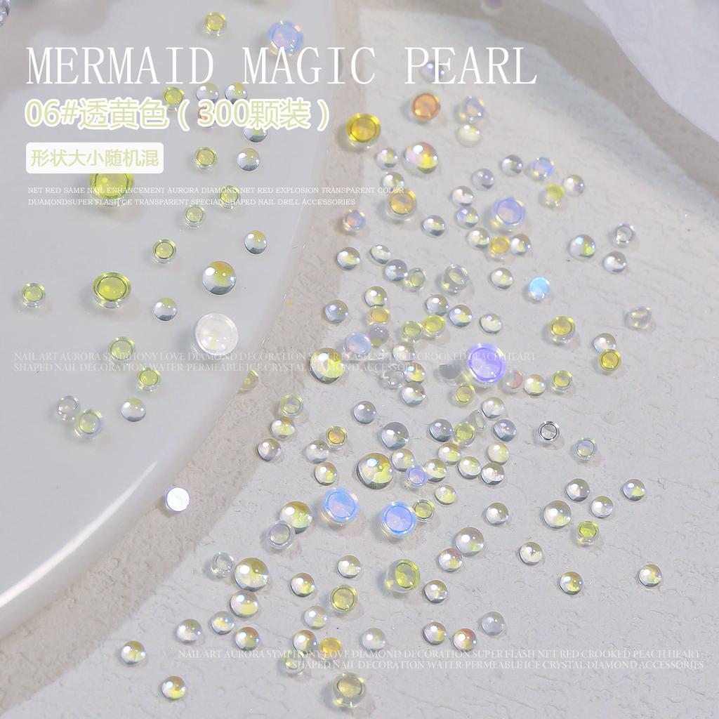 300pcs 3D Magic Colorful Mermaid Round Glass Aurora Translucent Crystal Beads Nail Charms Nail Art Decoration Accessories Tips