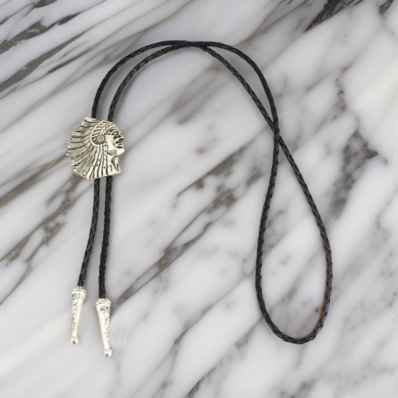 Handmade Jewelry Bolo Tie Western Cowboy Faux Leather Rope Necktie with Indian Head Metal Feathered Pendant Necklace