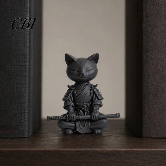 Small Stable Cat Model 3D Printed Knight Figurine, Meditating Desk Decor with Zen Warrior Pose, Artistic Collectible Minimalist Frosted Animal