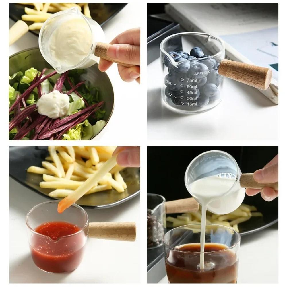 Transparent Glass Espresso Measuring Cup Wooden Handle Double Spout Practical Milk Coffee Accessory for Home