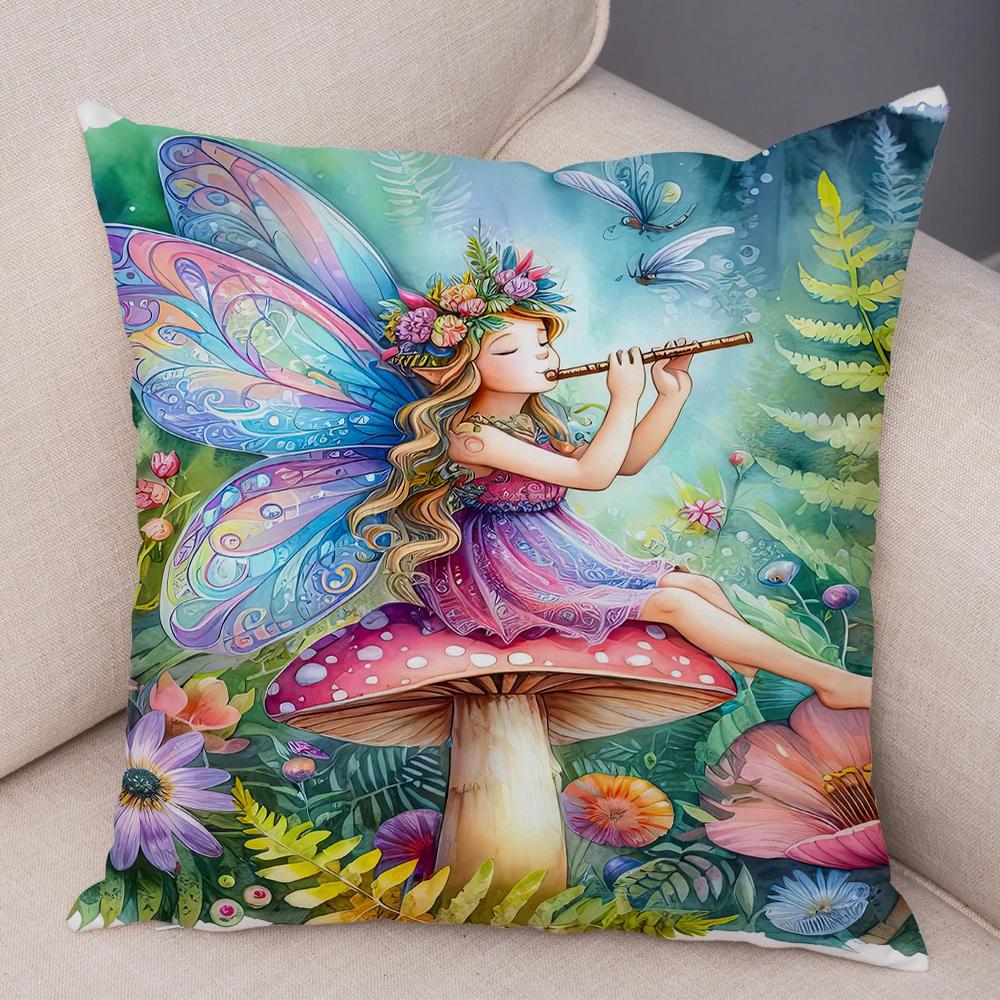 Niedlicher Cartoon Waldmädchen Elfen Kissenbezug Doppelseitig bedruckter Kissenbezug Deko für Sofa Zuhause Superweicher Plüsch Kissenbezug 40x40cm
