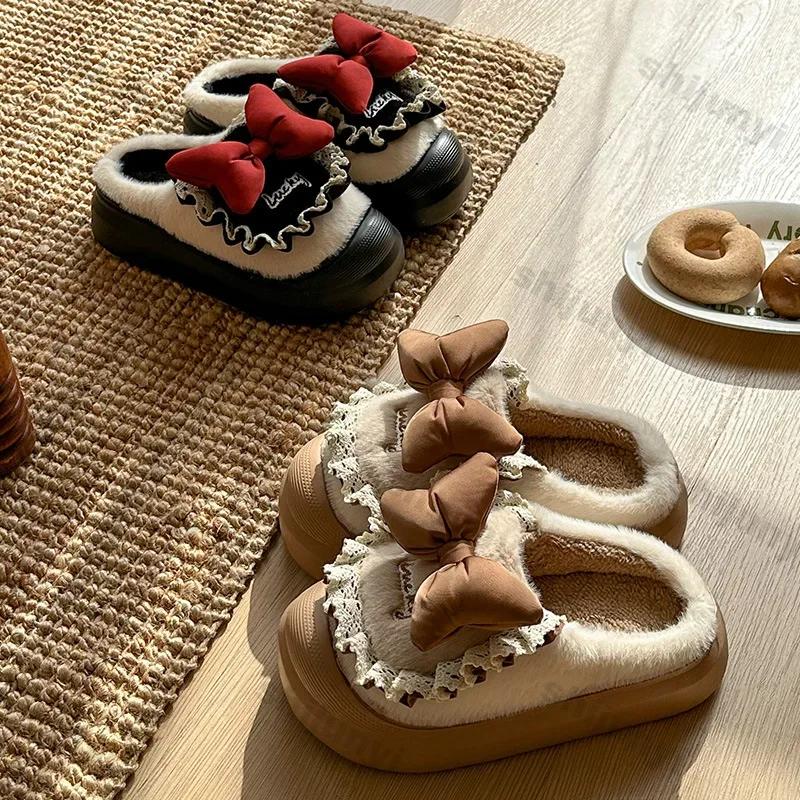 Fashion Women Cotton Slippers Girls Winter Bows Waterproof Warm Plus Velvet Slides Outdoor Warm Fluffy Slides Indoor Soft Plush Slippers