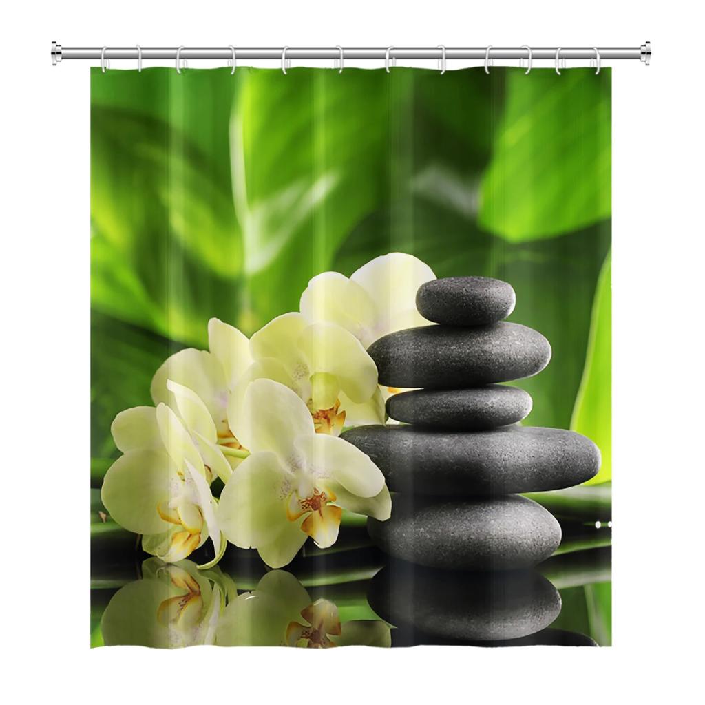 Zen Shower Curtains Spa Lotus Japanese Meditation Basalt Stones Herbal Oil Scent Candles Bamboo Water Home Bathroom Decor Hooks