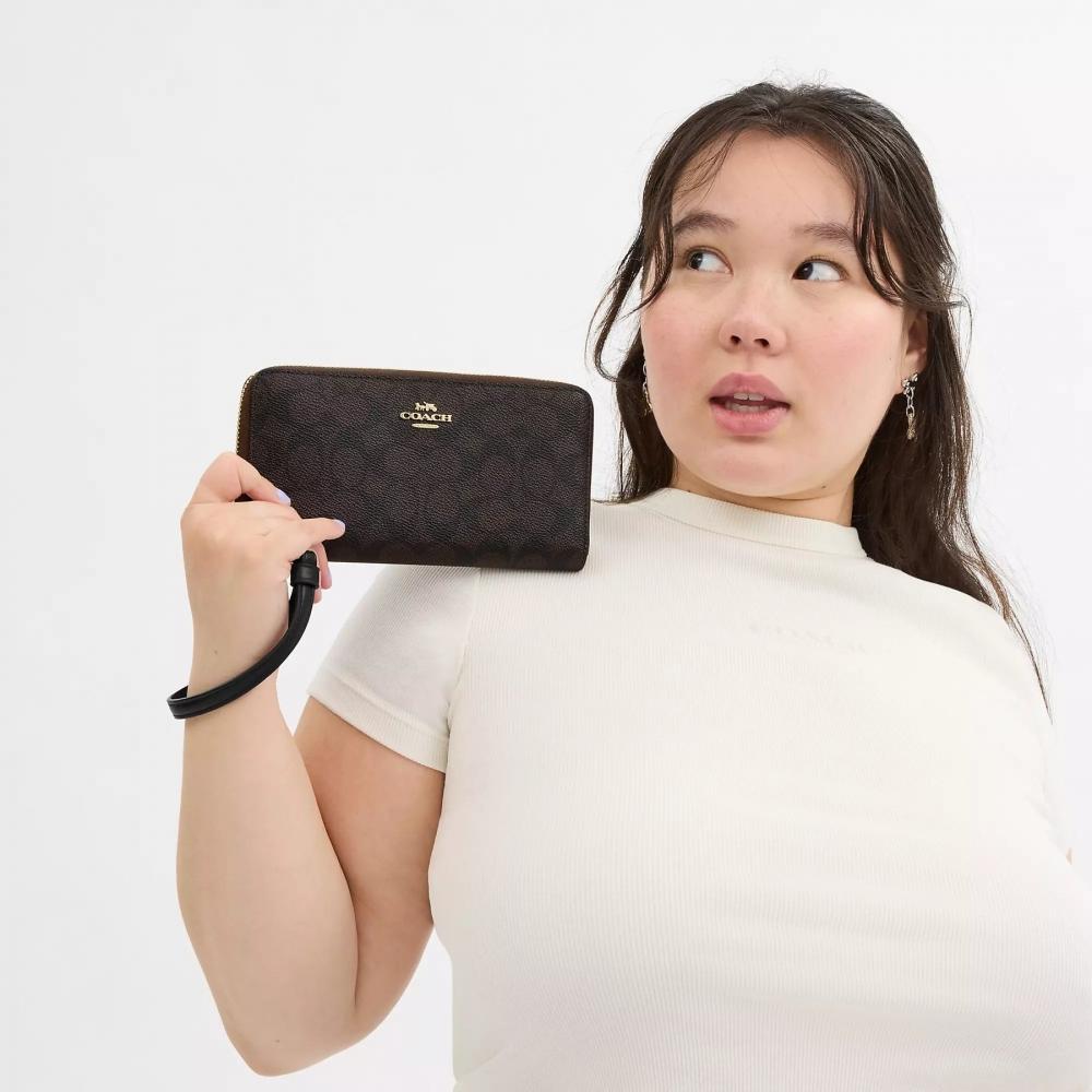 Coach Long Zip Around Wallet In Signature Canvas Gold Walnut Black
